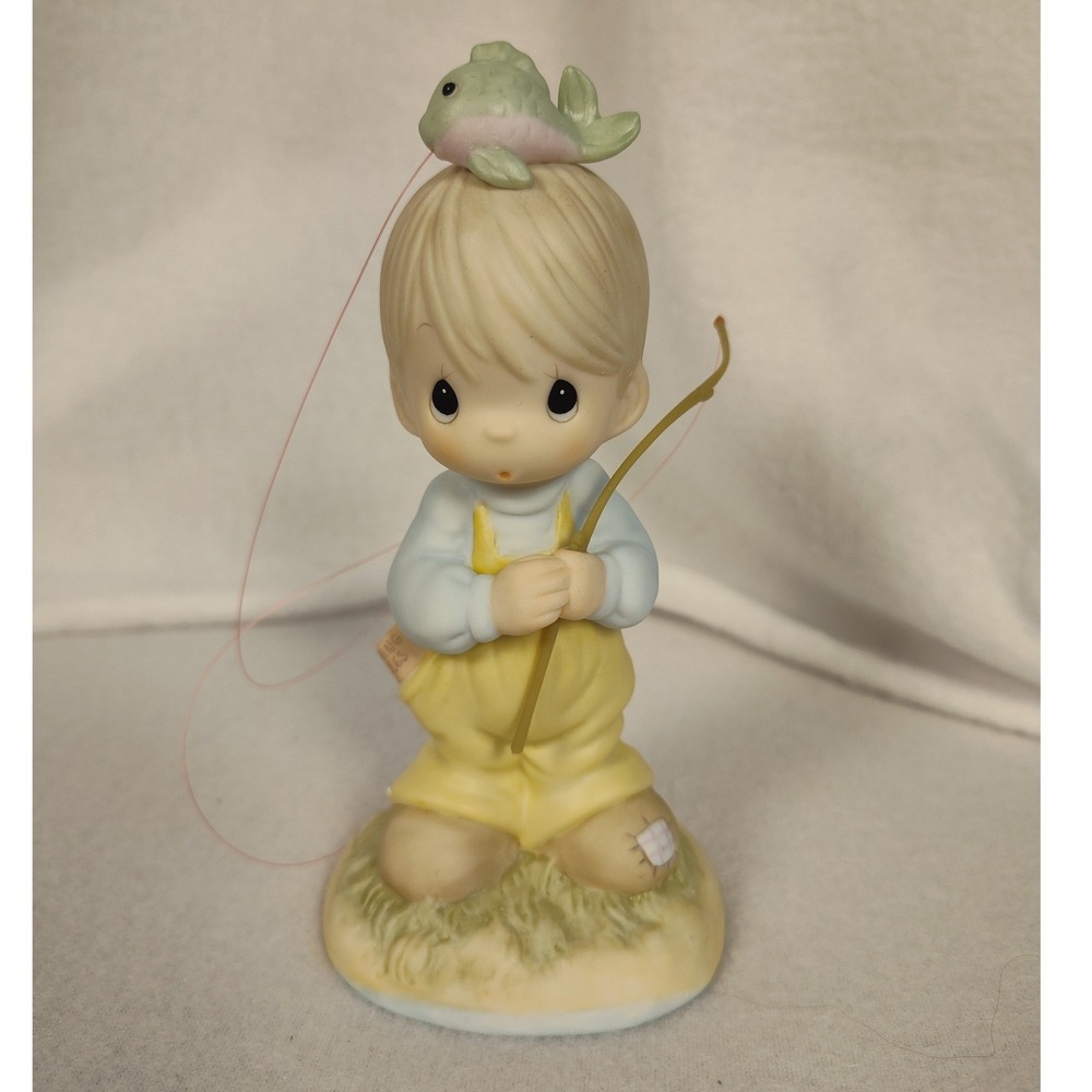 Precious Moments Caught Up In Sweet Thoughts Of You Fishing Boy Figurine 521973